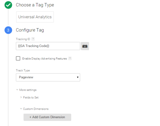 Google Tag Manager universal analytics tag custom dimensions