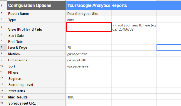 Adding a view ID in google sheets google analytics api