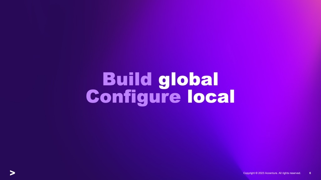 Presentation slide containing "Build global, Configure local"